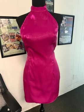 PrettyLittleThing Hot Pink Satin Halter Mini Dress